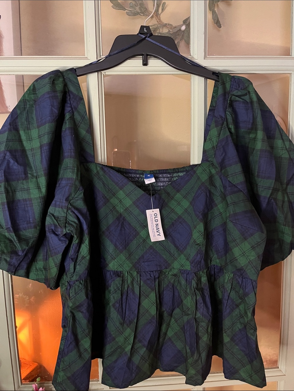 Old Navy Green & Navy Plaid Puff-Sleeve Blouse